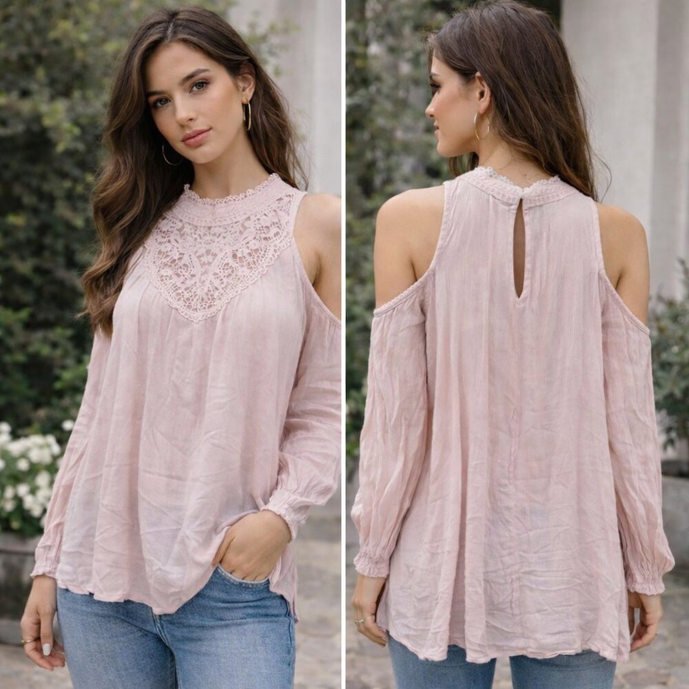 Hollister Gauzy Lace Cold Shoulder Top Womens‎ Sz L Blush Boho Romantic Coquette